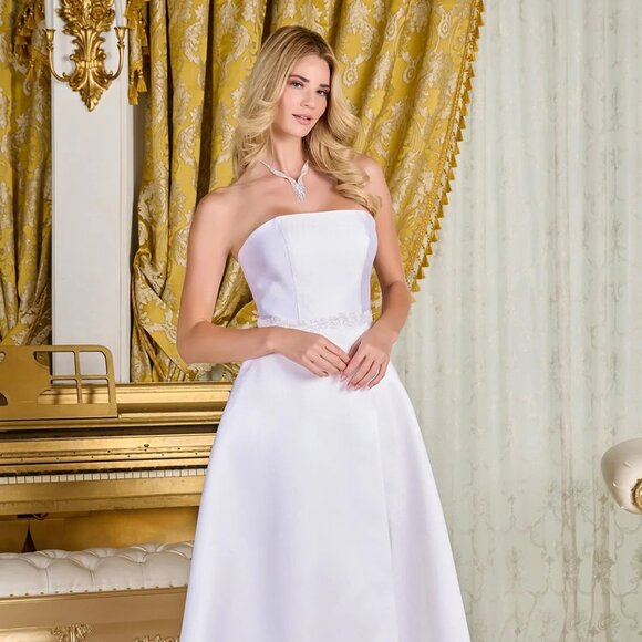 New Strapless A-Line Wedding Gown w/ Straight Across Neck & Beaded Waist GL3718 - Picture 8 of 14